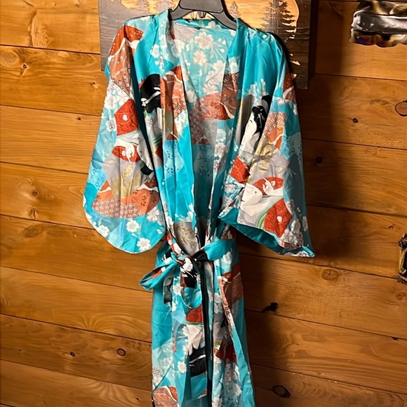 Beautiful Authentic Japanese Vintage Floral Geisha Teal Kimono Robe cotton Japan - Picture 1 of 12